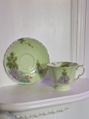 vintage Aynsley bone china tea cup and saucer set featuring a woodland scene